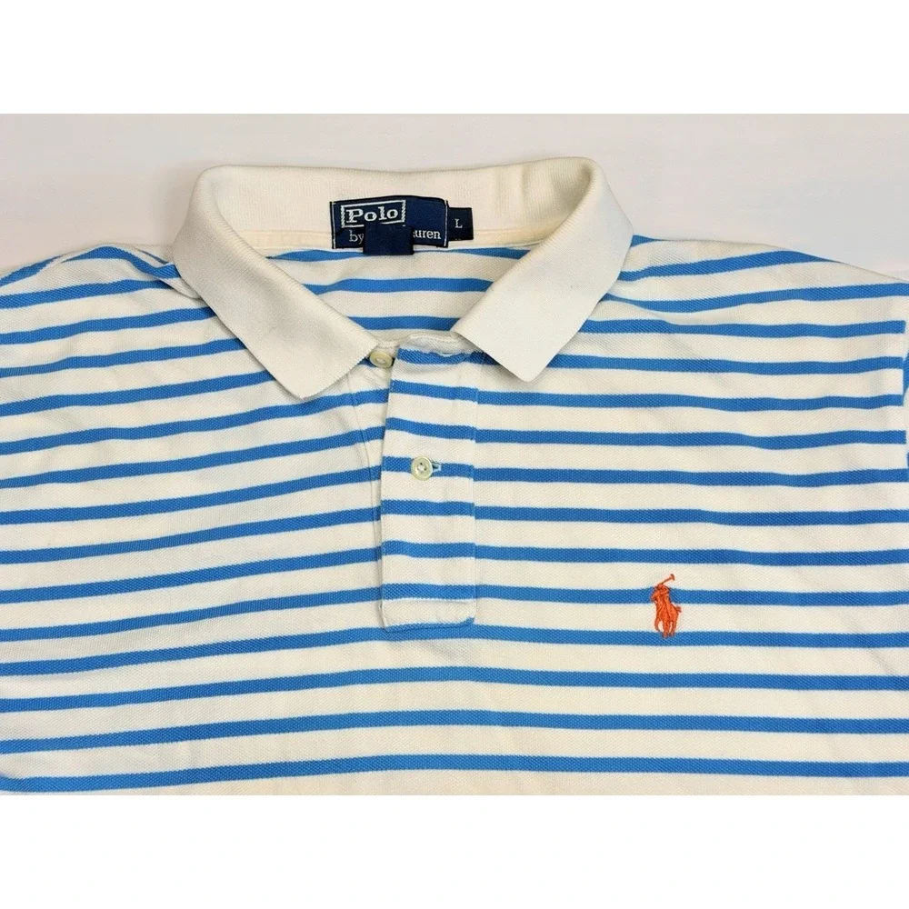 Vintage Polo Ralph Lauren Men's L Blue White‎ Striped Pony Polo Shirt Cotton